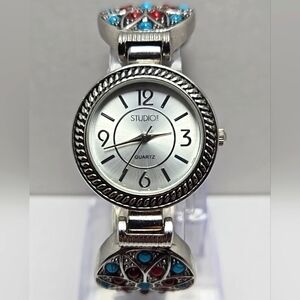 Womens Studio Time Southwestern Watch 29mm Red Blue Stones Cuff Band New Battery